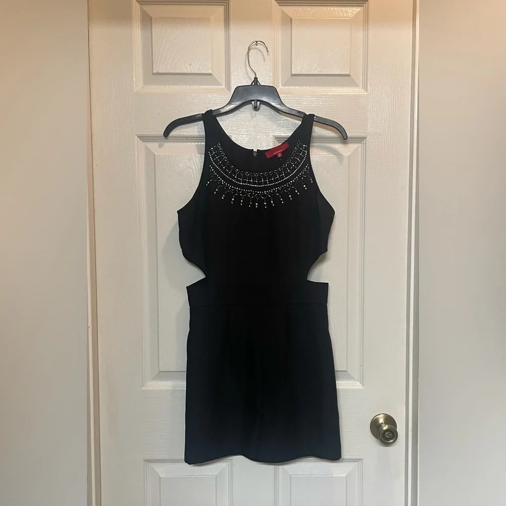 Red Saks Fifth Avenue black Romper with cutouts embellished neck Sz 6